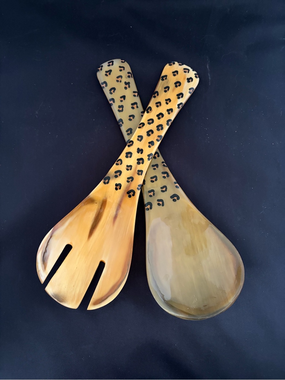 Horn Salad Servers Natural Amber & Ivory Color Handpainted